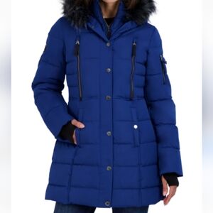 NWOT NAUTICA WOMEN'S FAUX-FUR-TRIM HOODED PUFFER COAT IN BLUE SIZE XS
